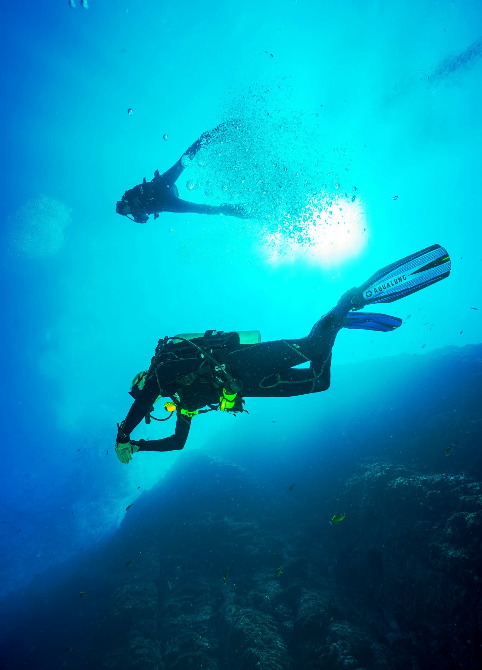 Two scuba divers descending through deep blue water above a reef